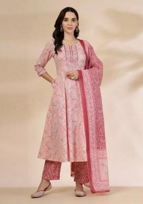 Pink Motif Cotton Kurta Dupatta Set