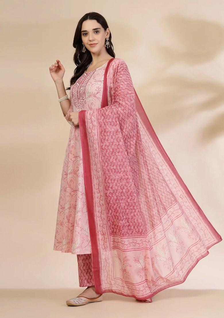 Pink Motif Cotton Kurta Dupatta Set - Indya