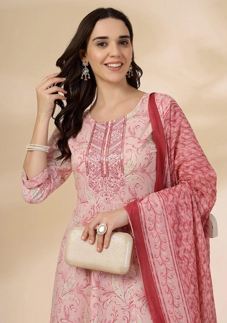 Pink Motif Cotton Kurta Dupatta Set - Indya