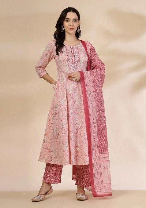 Pink Motif Cotton Kurta Dupatta Set