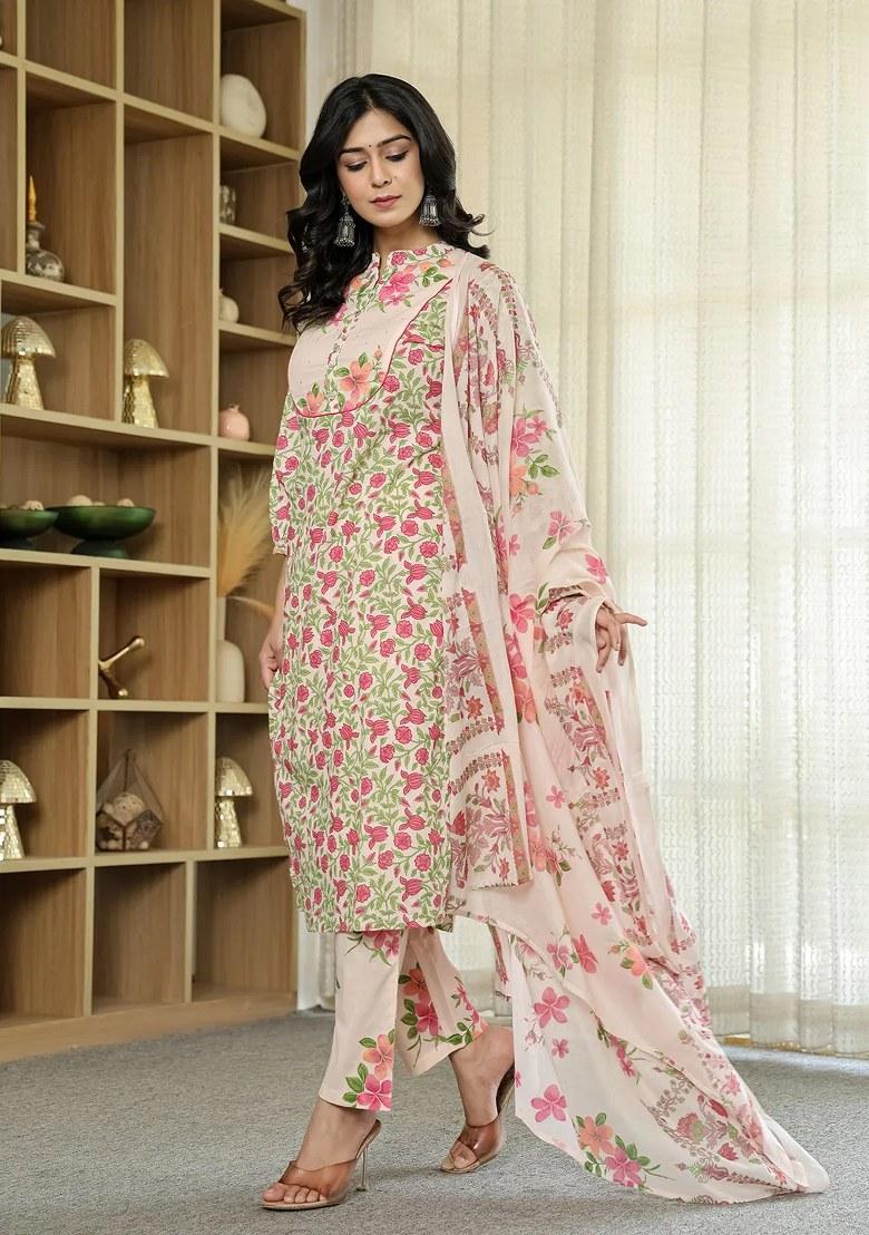 Pink Floral Print Cotton Kurta Dupatta Set - Indya