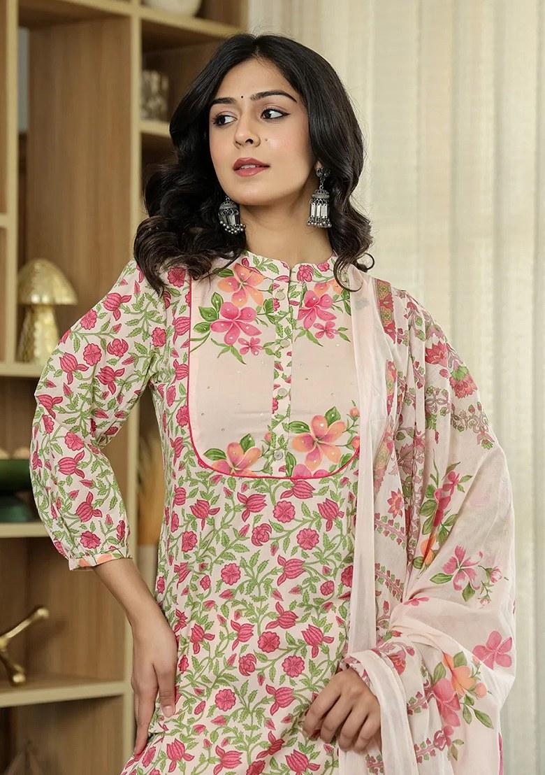 Pink Floral Print Cotton Kurta Dupatta Set - Indya
