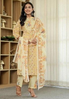 Yellow Floral Print Cotton Kurta Dupatta Set