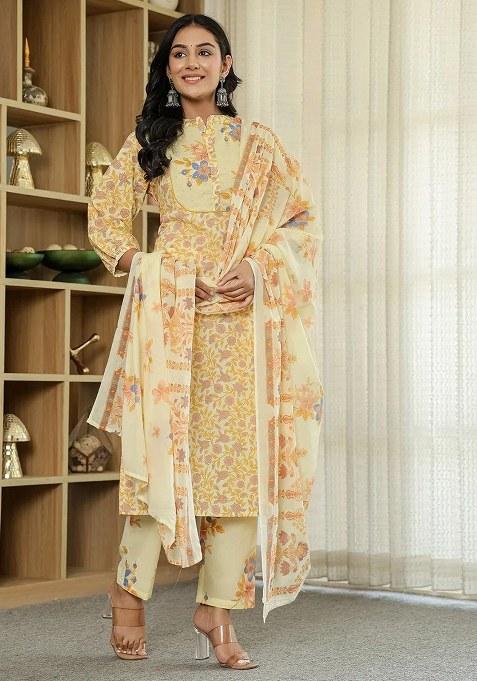 Yellow Floral Print Cotton Kurta Dupatta Set