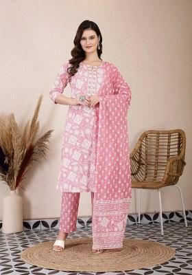 Pink Printed Cotton Kurta Dupatta Set