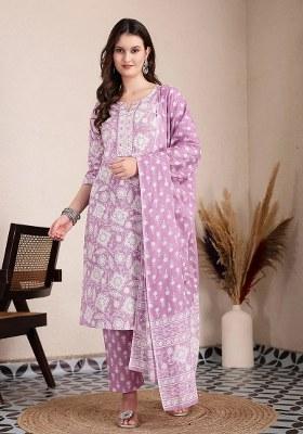 Purple Printed Cotton Kurta Dupatta Set