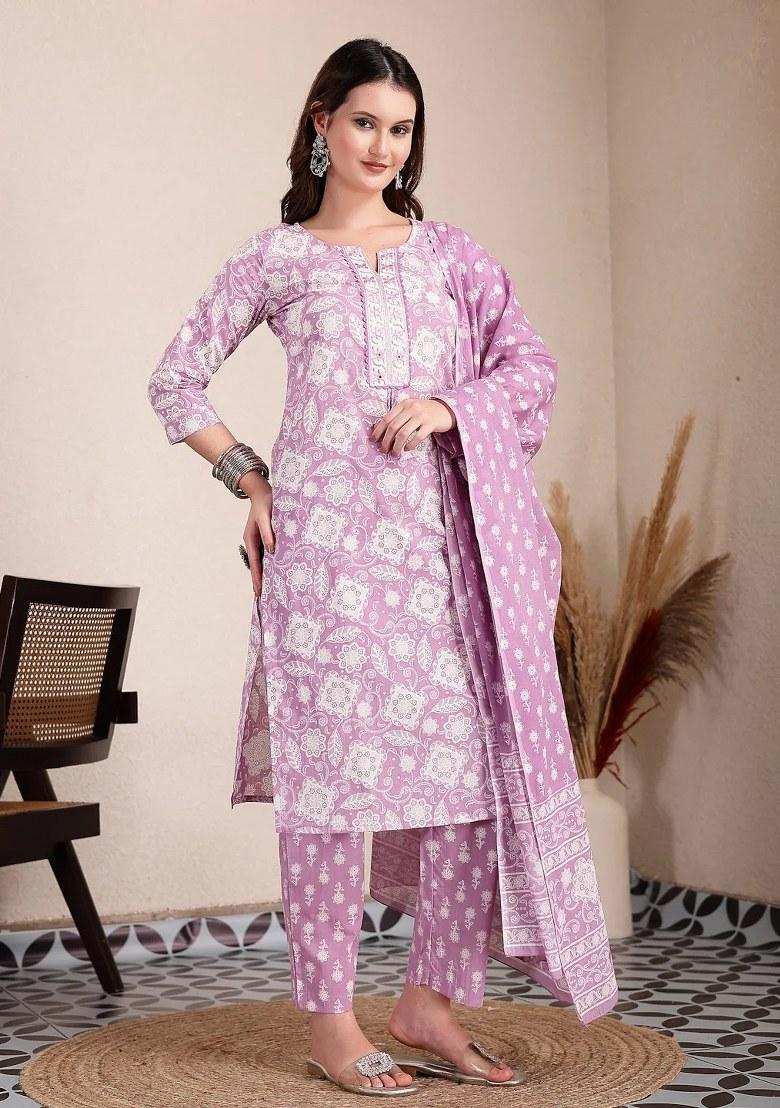 Purple Printed Cotton Kurta Dupatta Set - Indya