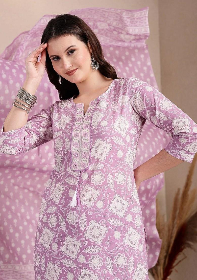 Purple Printed Cotton Kurta Dupatta Set - Indya