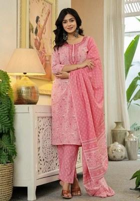 Pink Sequins Work Cotton Kurta Dupatta Set