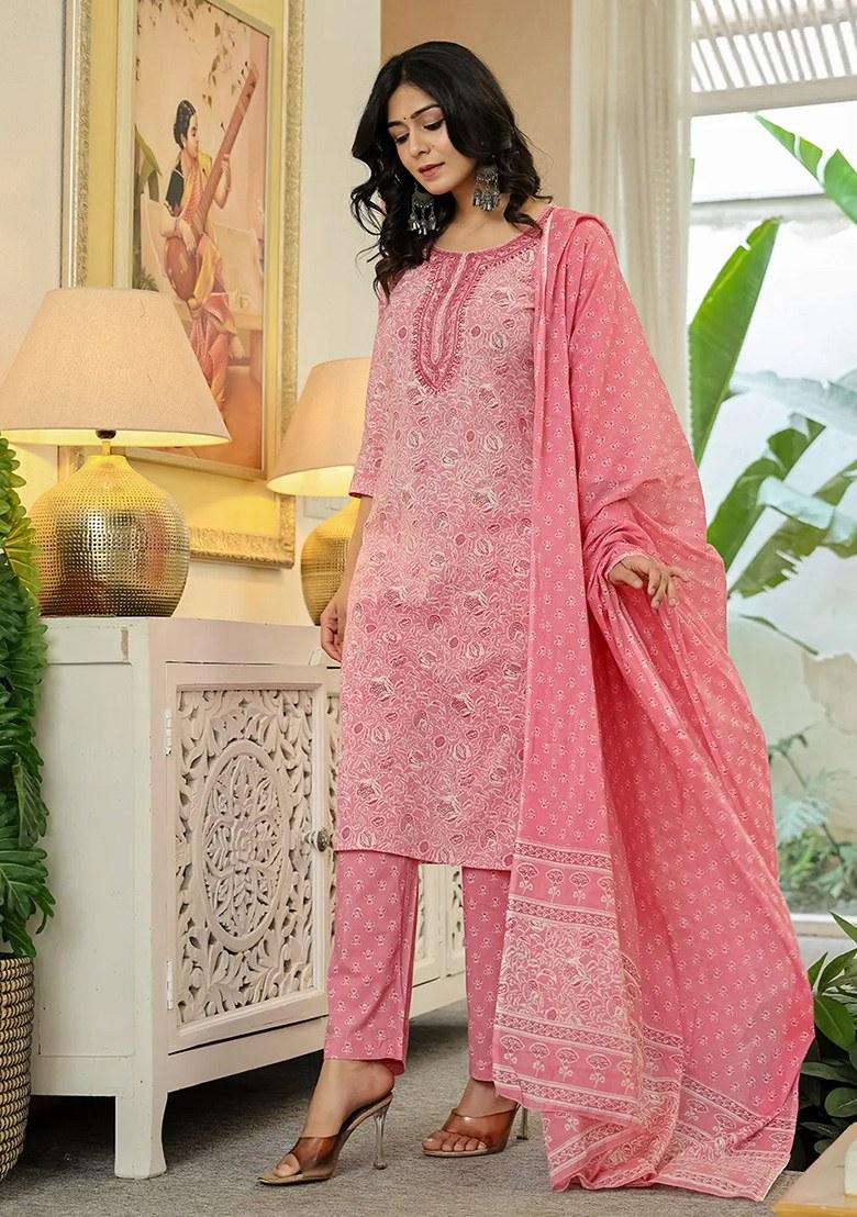 Pink Sequins Work Cotton Kurta Dupatta Set - Indya