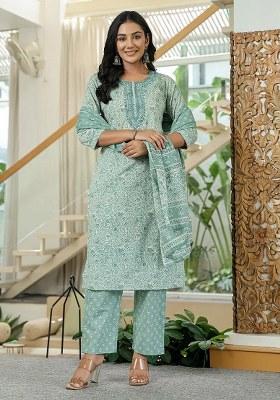 Sea Green Sequins Work Cotton Kurta Dupatta Set