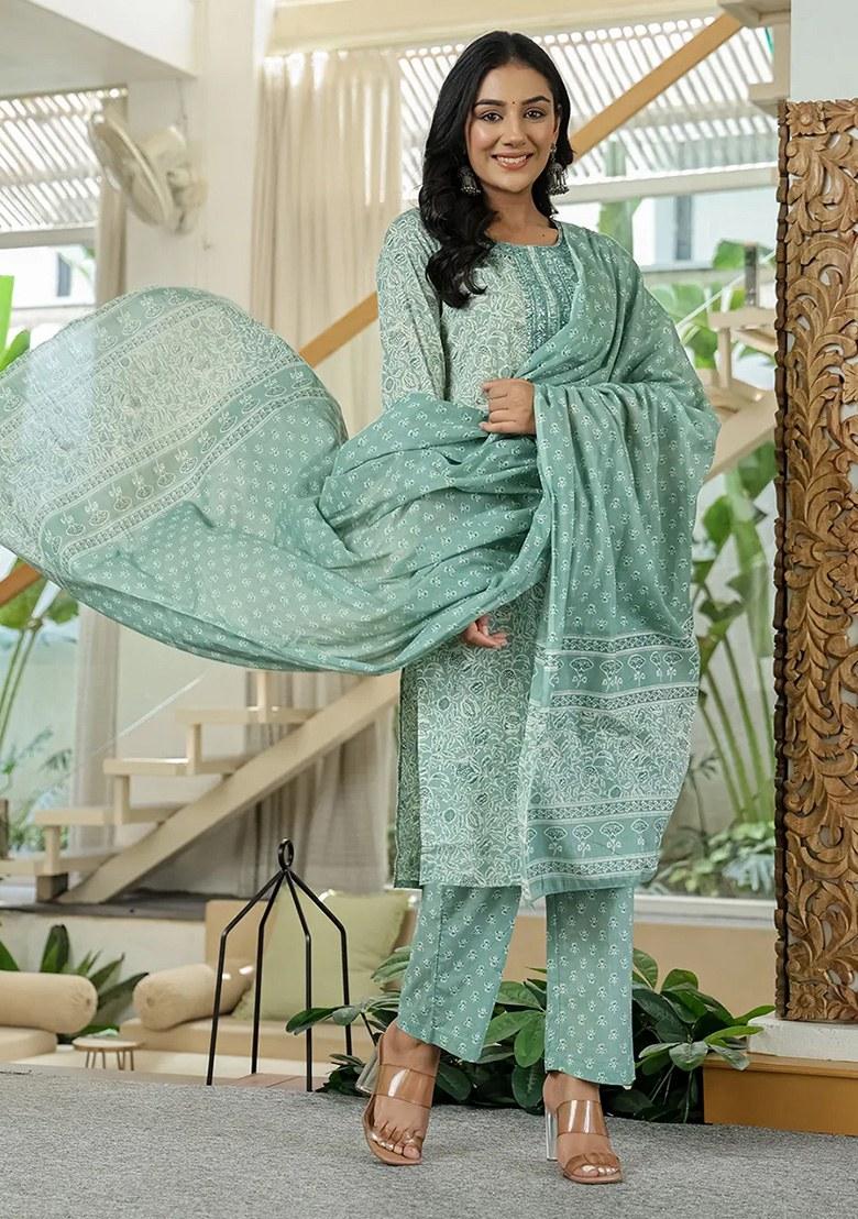 Sea Green Sequins Work Cotton Kurta Dupatta Set - Indya