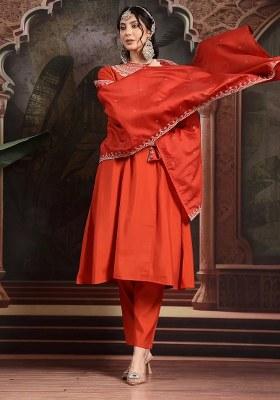 Orange Motif Silk Blend Kurta Dupatta Set