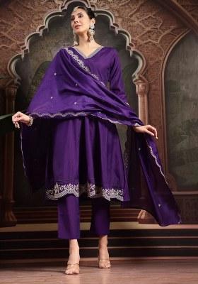 Purple Embroidered Silk Blend Kurta Dupatta Set