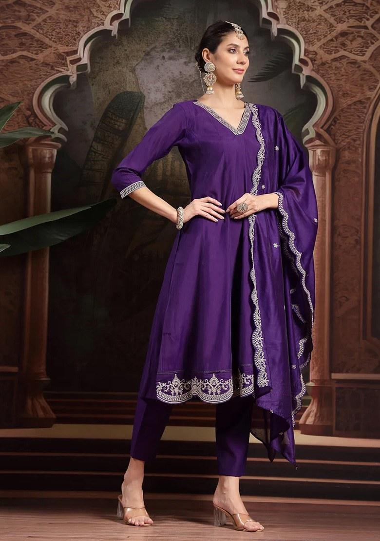 Purple Embroidered Silk Blend Kurta Dupatta Set - Indya