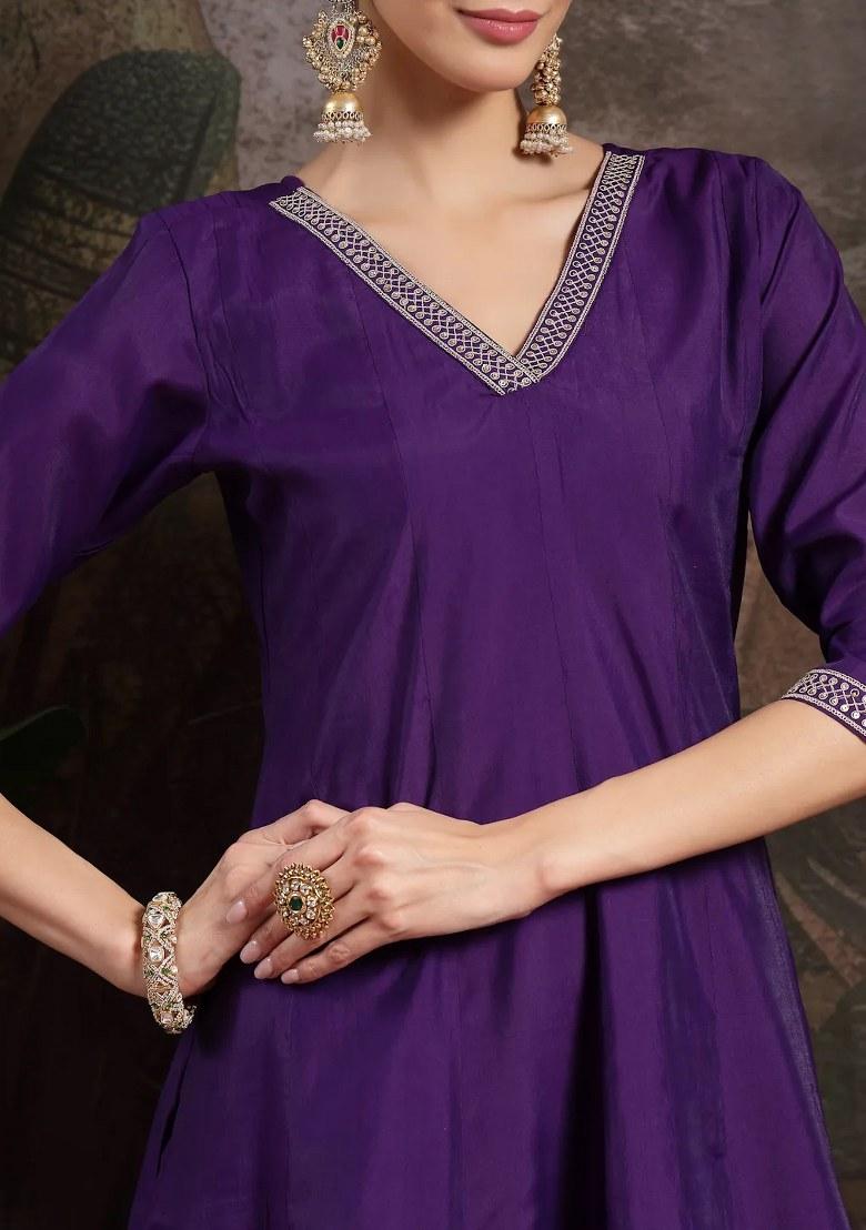 Purple Embroidered Silk Blend Kurta Dupatta Set - Indya