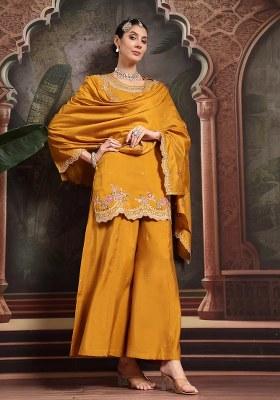 Yellow Embroidered Silk Blend Kurta Dupatta Set