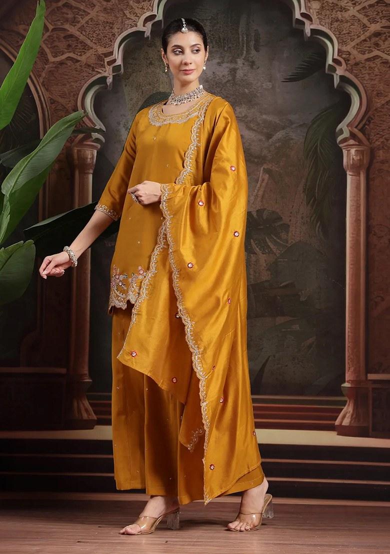 Yellow Embroidered Silk Blend Kurta Dupatta Set - Indya