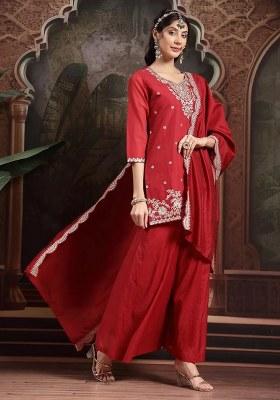 Red Embroidered Silk Blend Kurta Dupatta Set