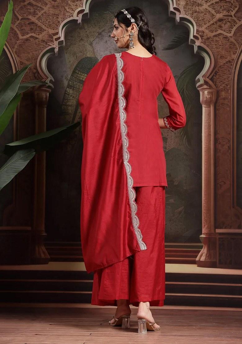 Red Embroidered Silk Blend Kurta Dupatta Set - Indya