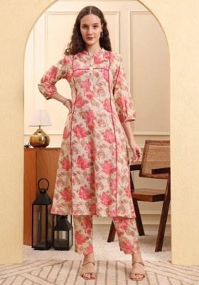 Pink Printed Linen Kurta Set