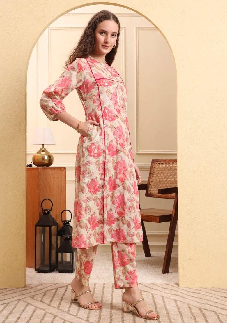 Pink Printed Linen Kurta Set - Indya