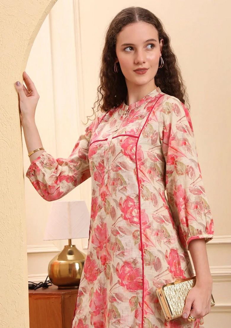 Pink Printed Linen Kurta Set - Indya