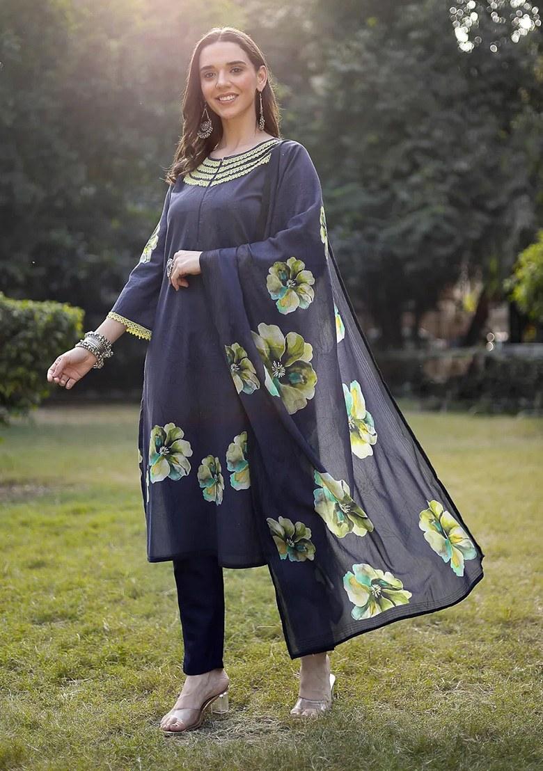 Navy Blue Motif Cotton Kurta Dupatta Set - Indya