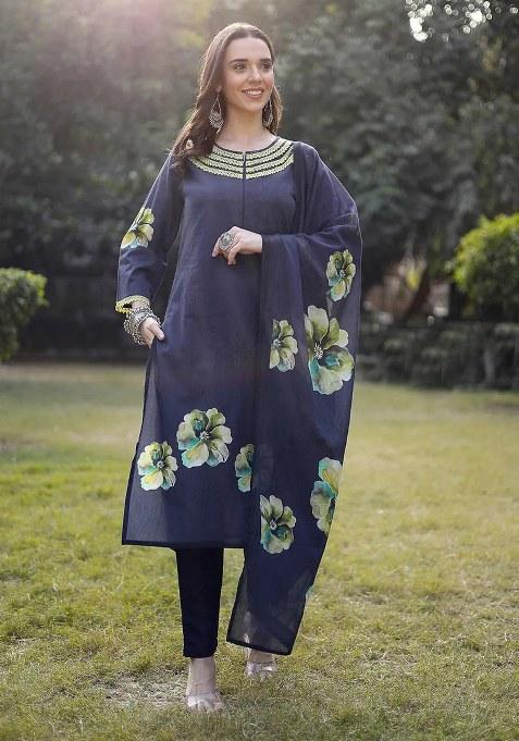 Navy Blue Motif Cotton Kurta Dupatta Set