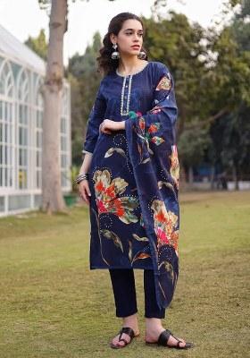 Navy Blue Motif Cotton Kurta Dupatta Set