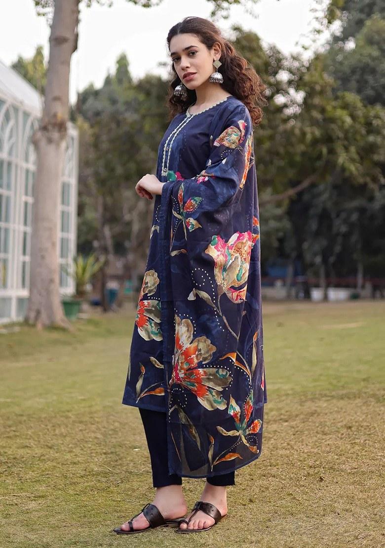 Navy Blue Motif Cotton Kurta Dupatta Set - Indya