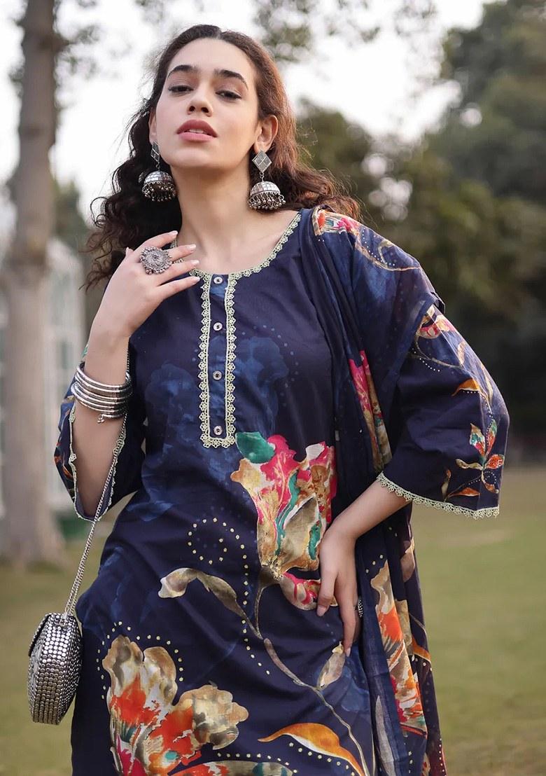 Navy Blue Motif Cotton Kurta Dupatta Set - Indya