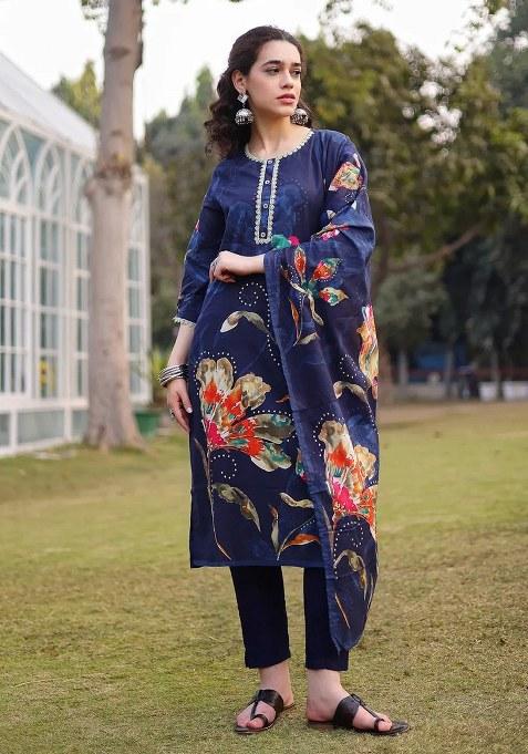Navy Blue Motif Cotton Kurta Dupatta Set