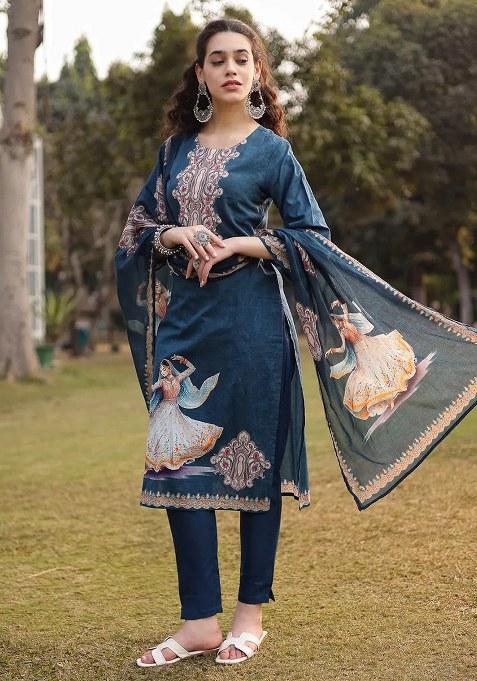 Teal Blue Motif Cotton Kurta Dupatta Set