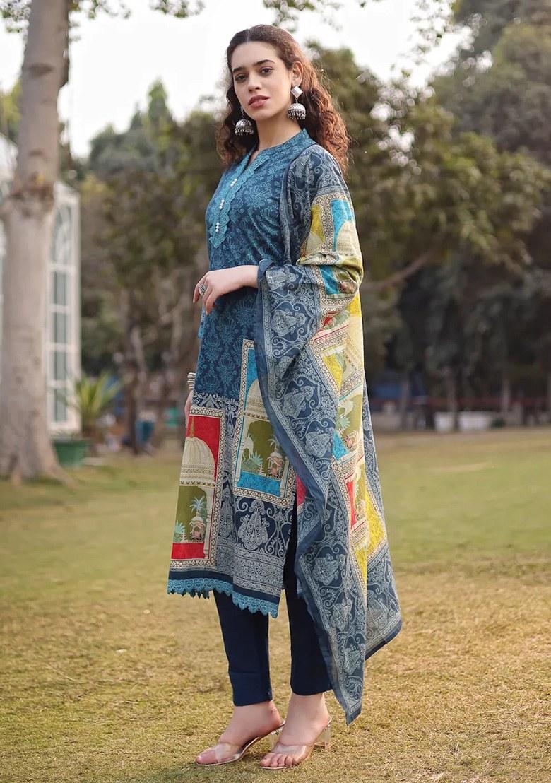 Teal Blue Motif Cotton Kurta Dupatta Set - Indya