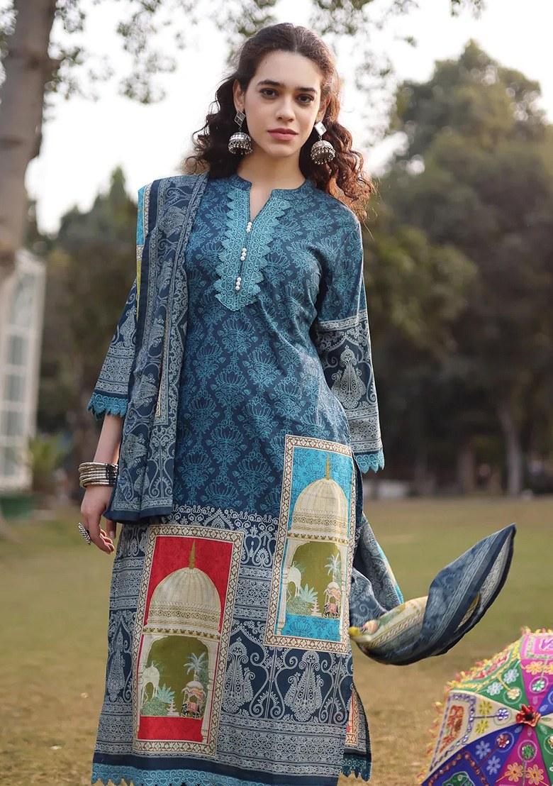 Teal Blue Motif Cotton Kurta Dupatta Set - Indya