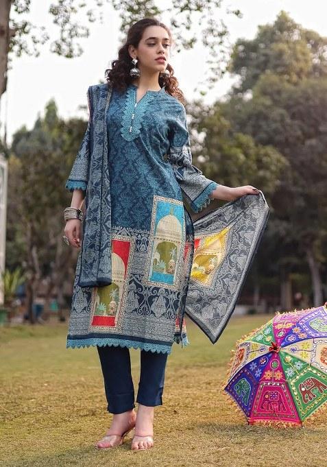 Teal Blue Motif Cotton Kurta Dupatta Set