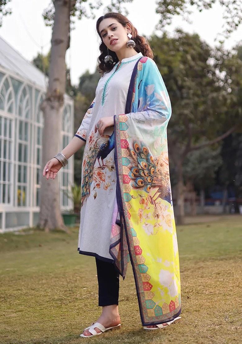 White Motif Cotton Kurta Dupatta Set - Indya