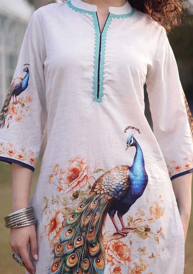 White Motif Cotton Kurta Dupatta Set - Indya