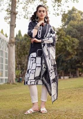 Black Motif Cotton Kurta Dupatta Set
