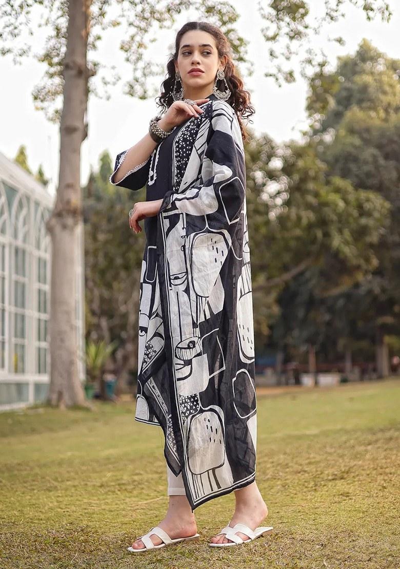Black Motif Cotton Kurta Dupatta Set - Indya