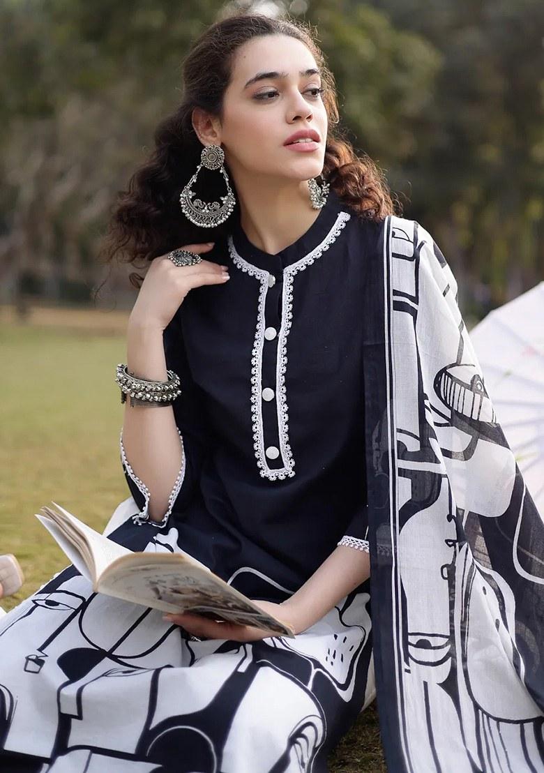 Black Motif Cotton Kurta Dupatta Set - Indya