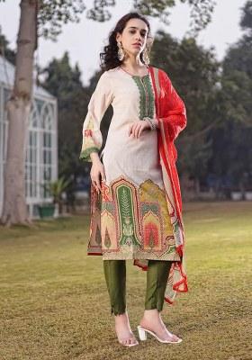 White Motif Cotton Kurta Dupatta Set
