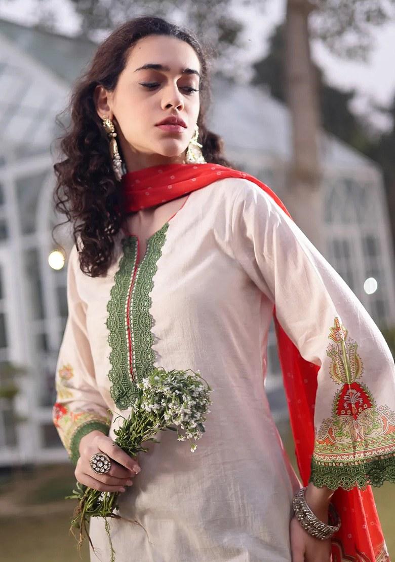 White Motif Cotton Kurta Dupatta Set - Indya
