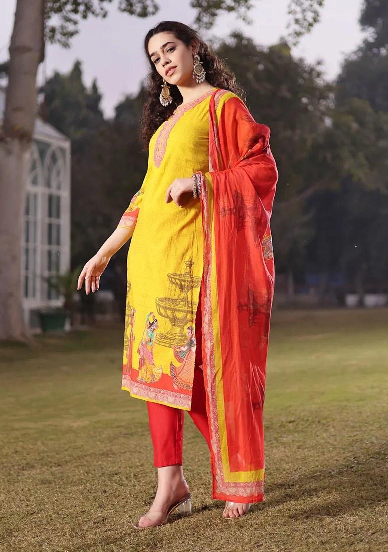 Lime Green Motif Cotton Kurta Dupatta Set - Indya