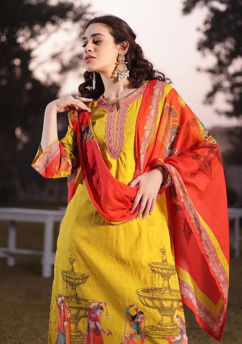 Lime Green Motif Cotton Kurta Dupatta Set - Indya