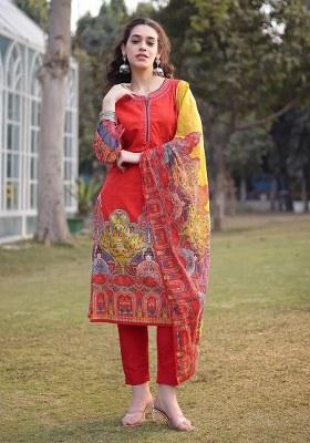 Red Motif Cotton Kurta Dupatta Set