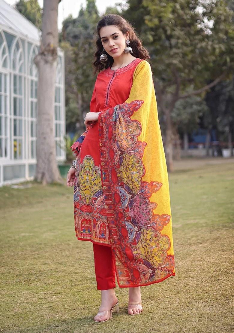 Red Motif Cotton Kurta Dupatta Set - Indya