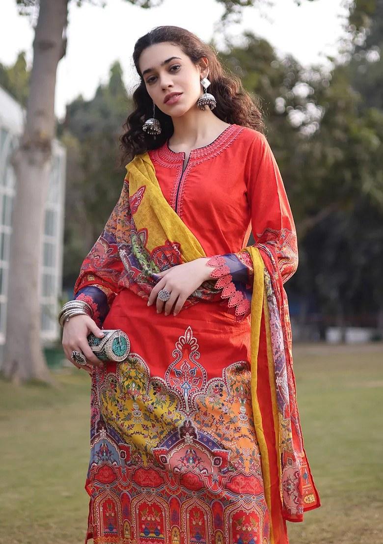 Red Motif Cotton Kurta Dupatta Set - Indya