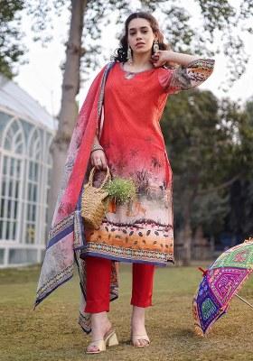 Red Motif Cotton Kurta Dupatta Set